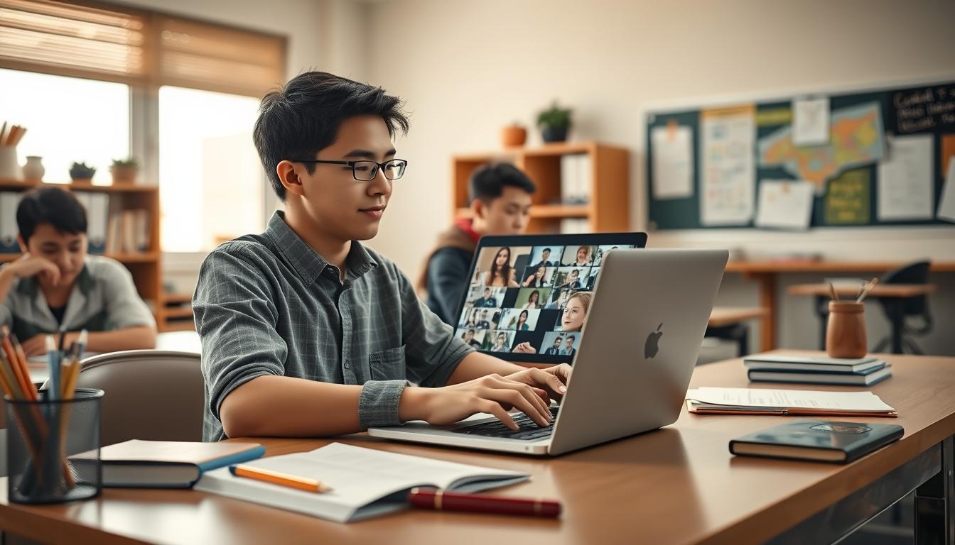 Student using learning strategies while studying